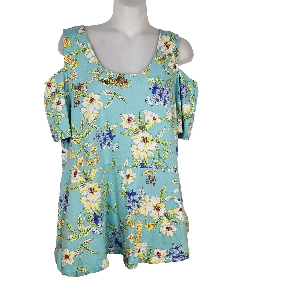 Isaac Mizrahi Live Top Medium Floral Cold Shoulder Peplum Tunic Island Breeze